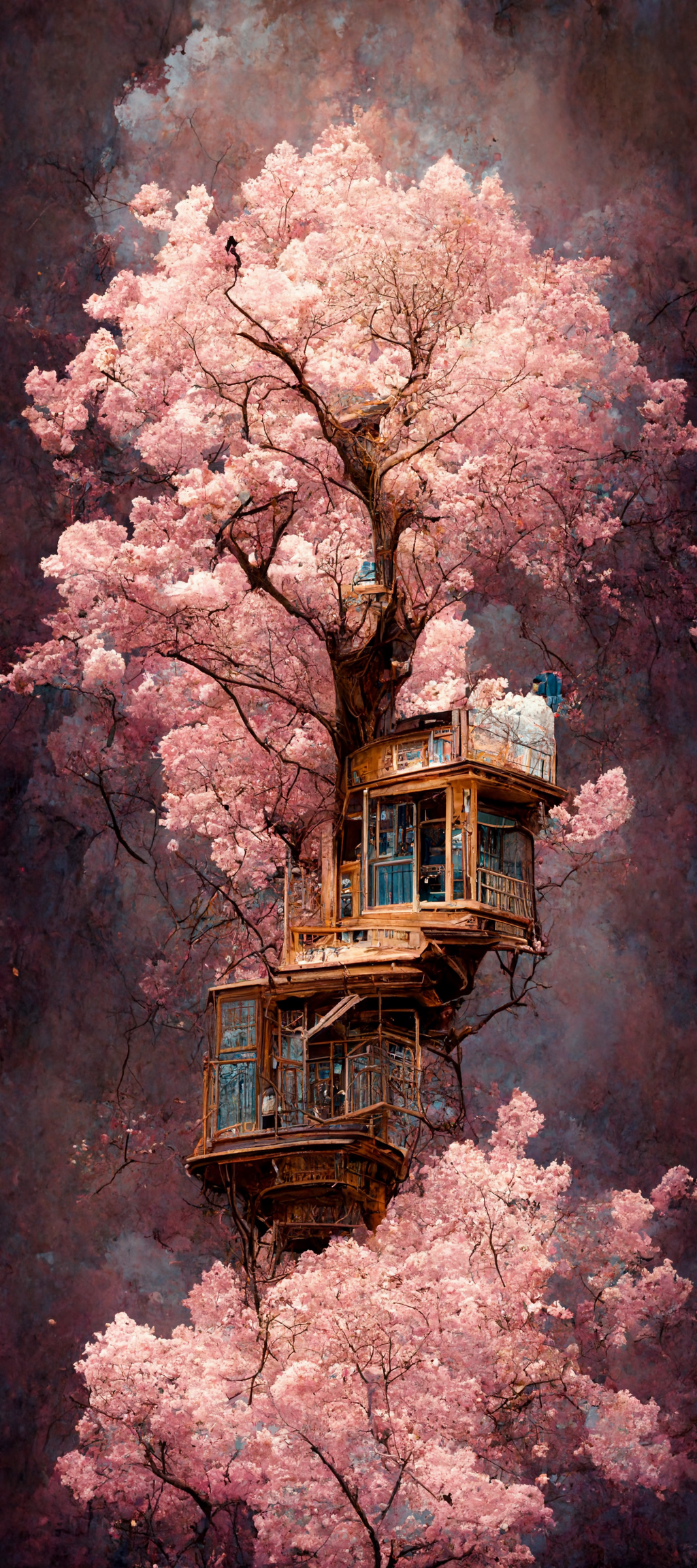 一座美丽华丽的树屋，位于一个粉色的樱花大树上，整个场景位于一座高高的蓝灰色和棕色峭壁上