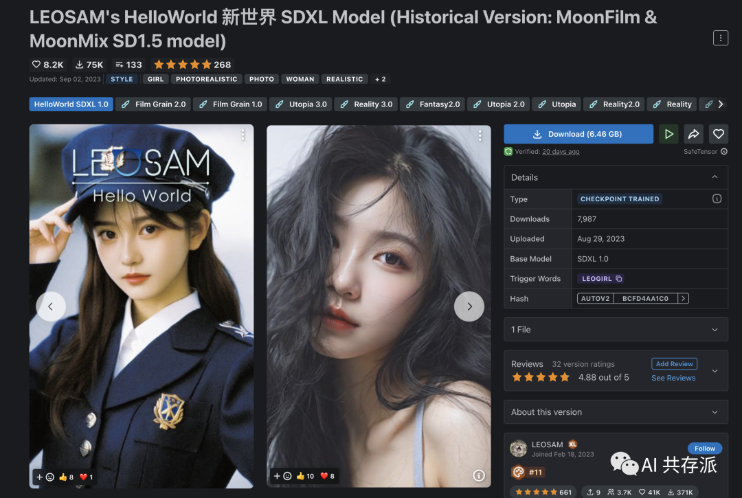 推荐LEOSAM发布的写实风格SDXL模型HelloWorld