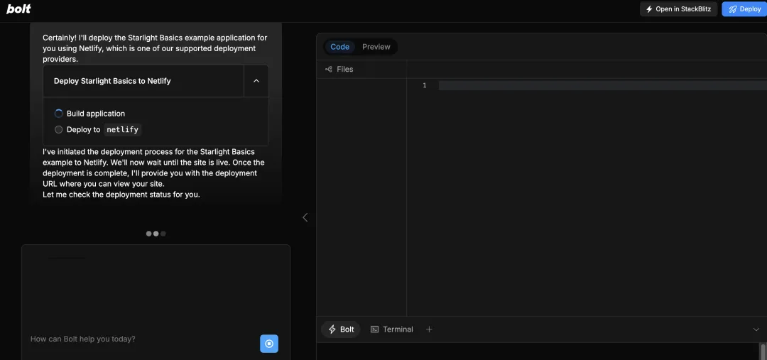 StackBlitz 推出了全新的工具：Bolt.new，AI自动写代码还自动部署