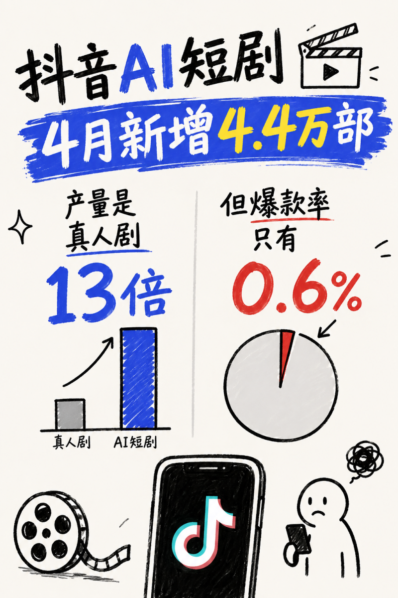 抖音AI短剧4月新增4.4万部:产量是真人剧13倍,但爆款率只有0.6%