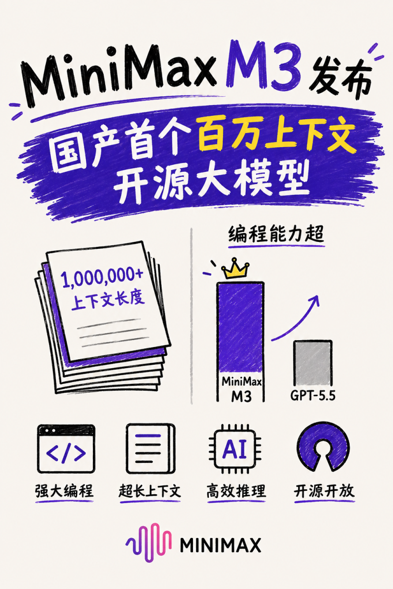 MiniMax M3发布：国产首个百万上下文开源大模型，编程能力超GPT-5.5