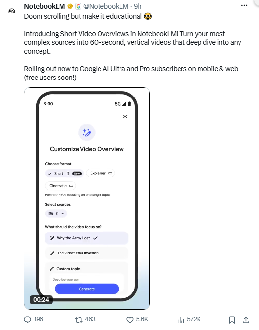 NotebookLM 推出 TikTok 风短视频：复杂资料终于能被“刷着看懂”了